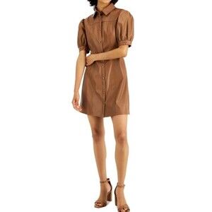 Kit + Sky Brown Faux-Leather Puff-Sleeve Pleated Mini Shirt Dress Size Large NWT